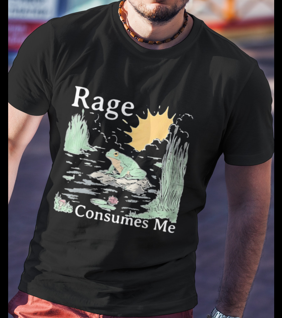Rage Consumes Me Frog On Rock With Sunburst And Pond Scene T-Shirt