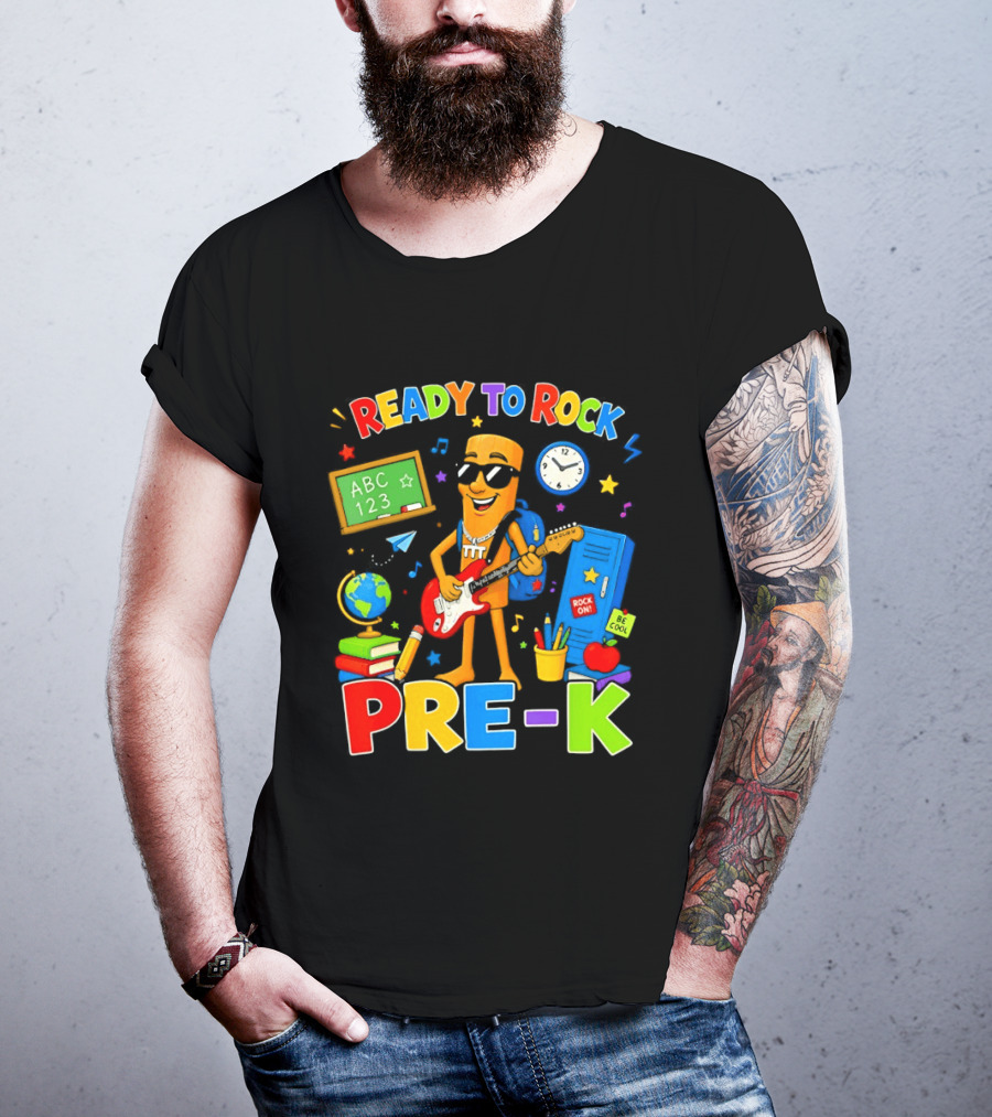 Ready To Rock Pre K Cartoon With Guitar And School Supplies T-Shirt