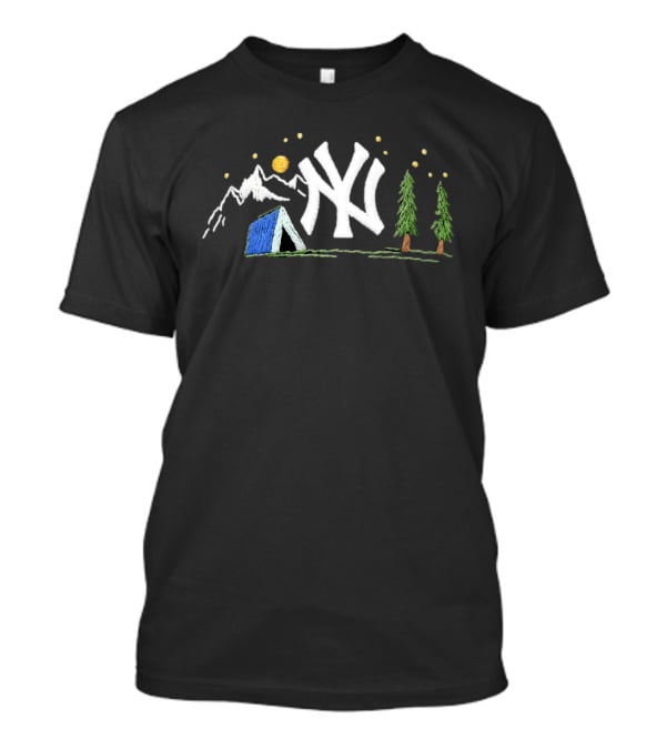 New York Yankees Embroidered Camping Mountain Tent Scene Cap T-Shirt