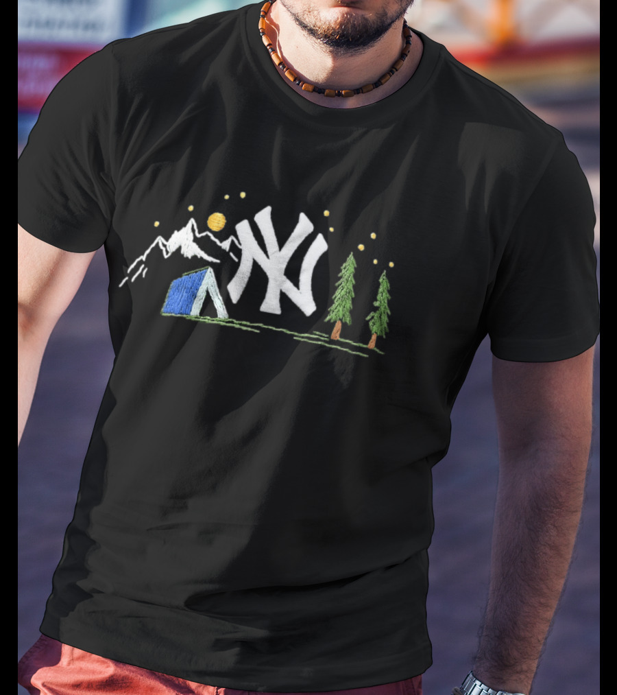 New York Yankees Embroidered Camping Mountain Tent Scene Cap T-Shirt