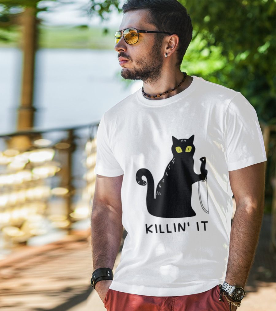 Black Cat Killin' It Halloween Knife T-Shirt
