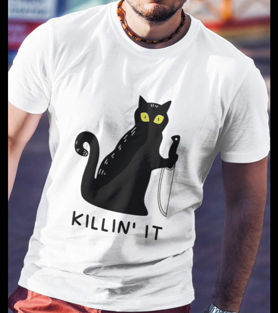 Black Cat Killin' It Halloween Knife T-Shirt