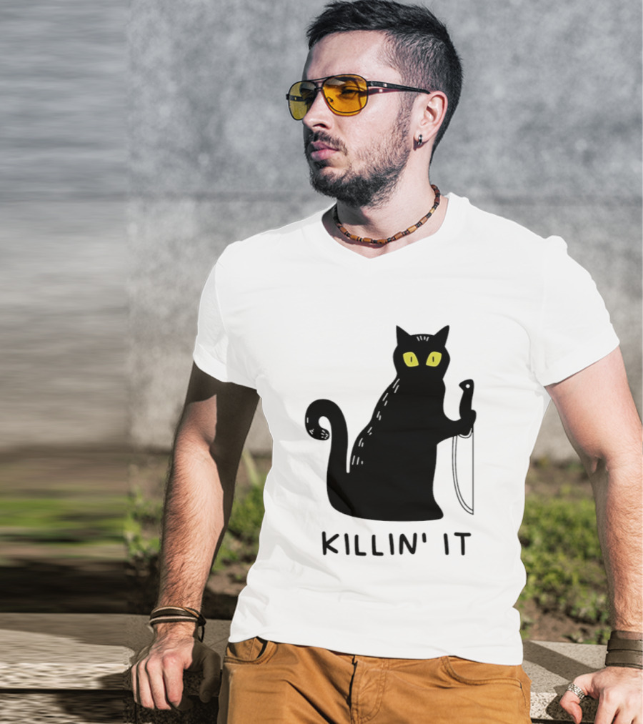 Black Cat Killin' It Halloween Knife T-Shirt