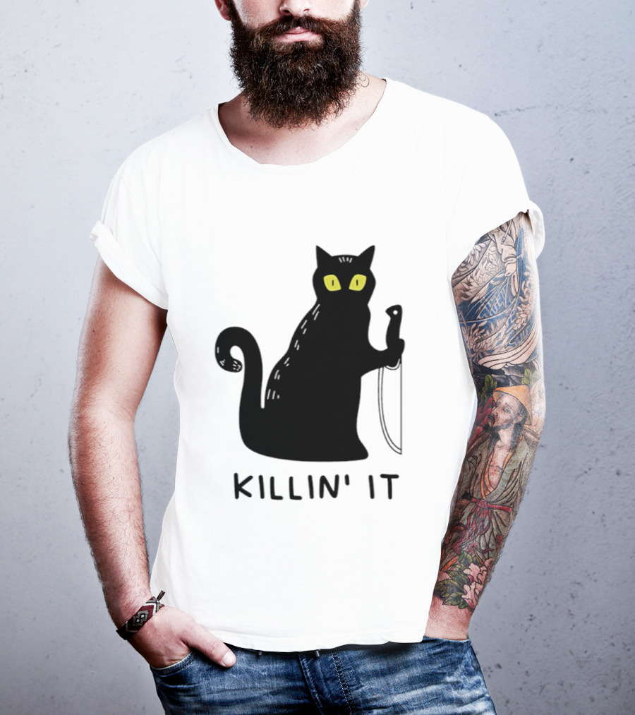 Black Cat Killin' It Halloween Knife T-Shirt