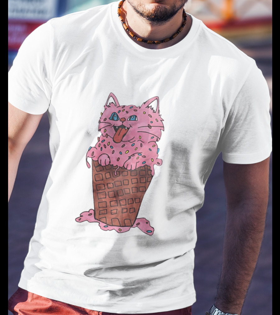Pink Cat Ice Cream Cone Sprinkles Waffle Delight T-Shirt