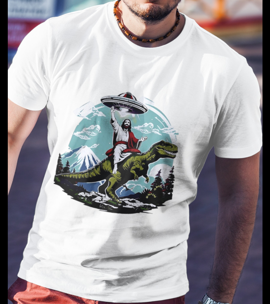 Jesus Riding Rex UFO Nature Scene With Mountains And Trees T-Shirt