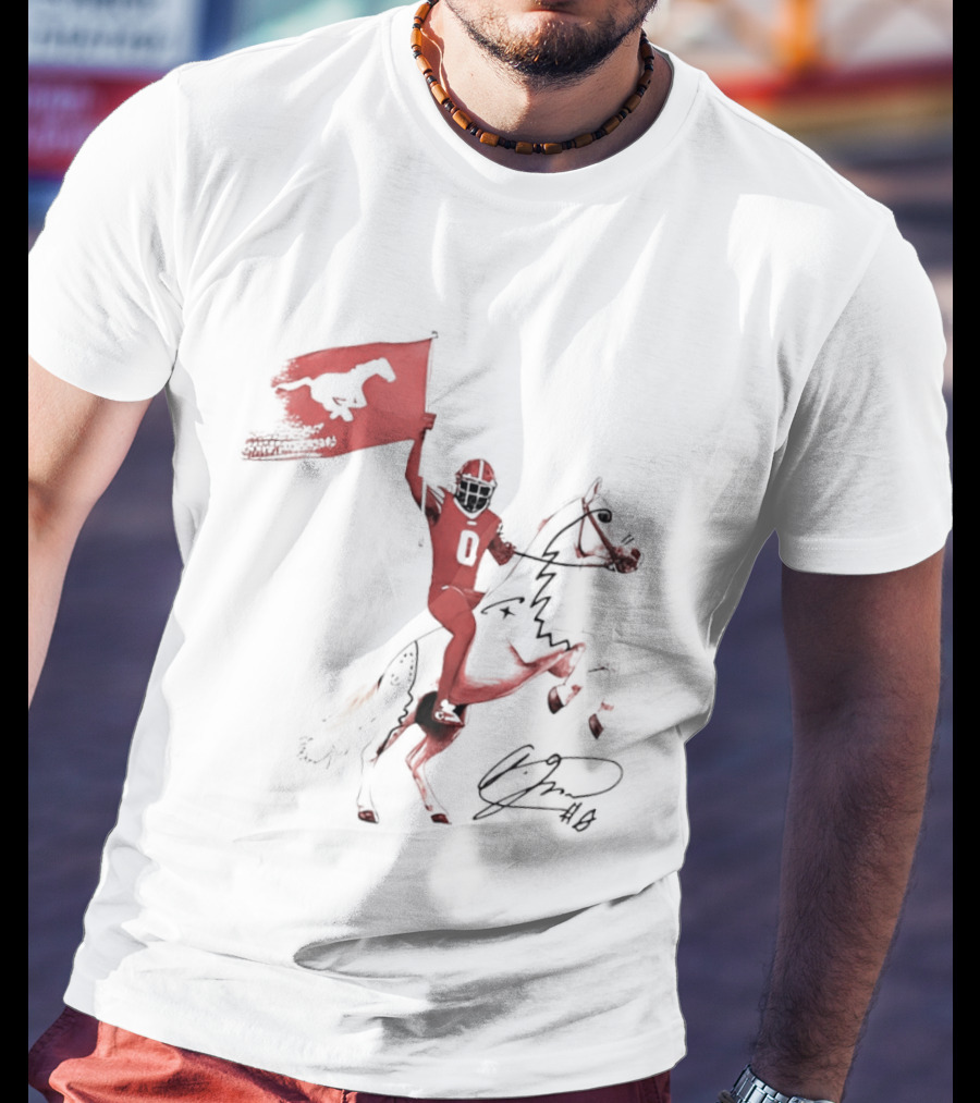 SMU Mustangs Football Player Riding Horse Holding Flag Number 0 T-Shirt