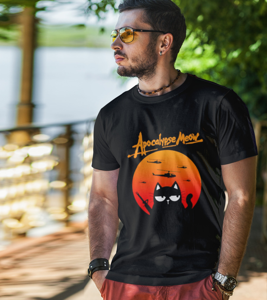 Apocalypse Meow Cat Helicopter Orange Sun T-Shirt