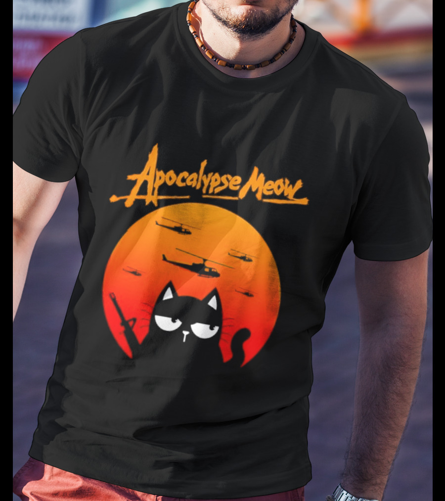 Apocalypse Meow Cat Helicopter Orange Sun T-Shirt