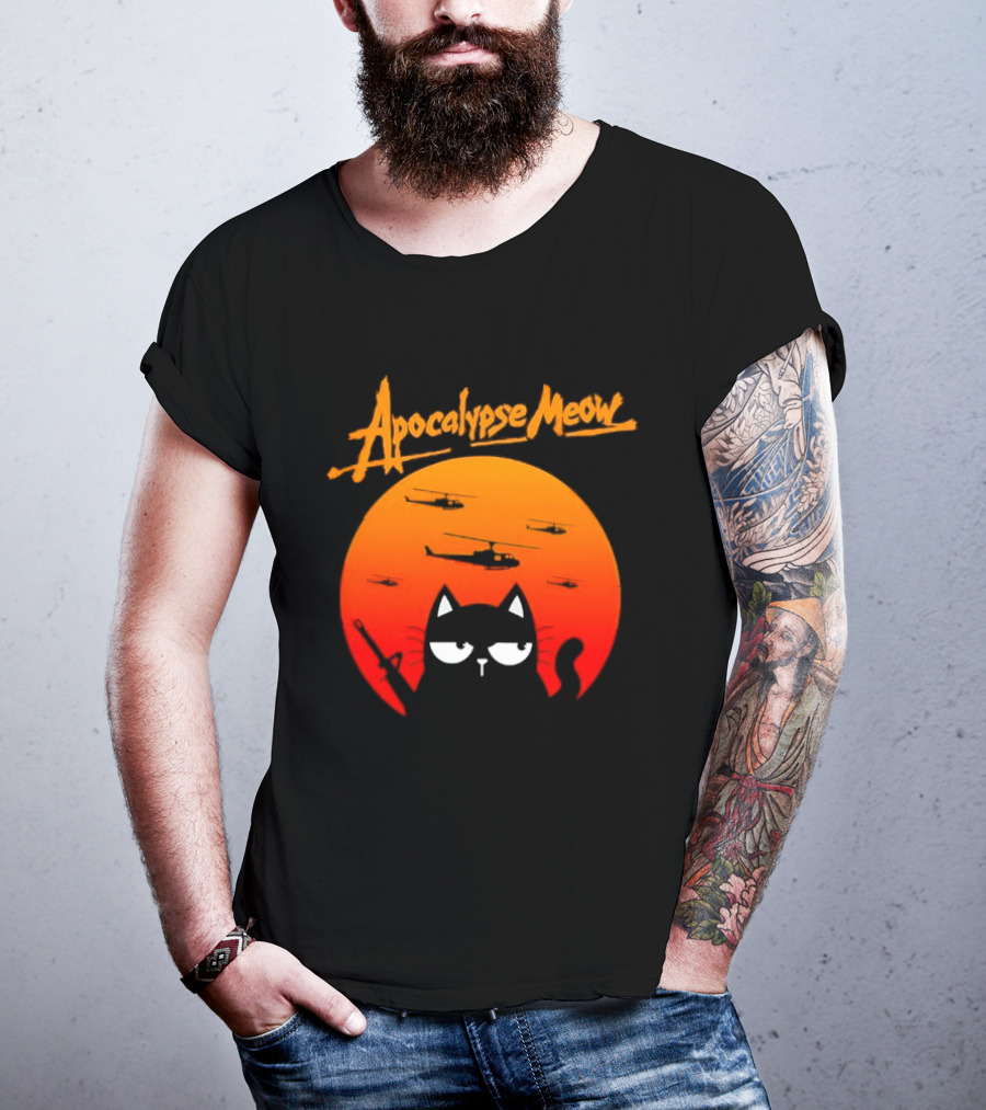 Apocalypse Meow Cat Helicopter Orange Sun T-Shirt