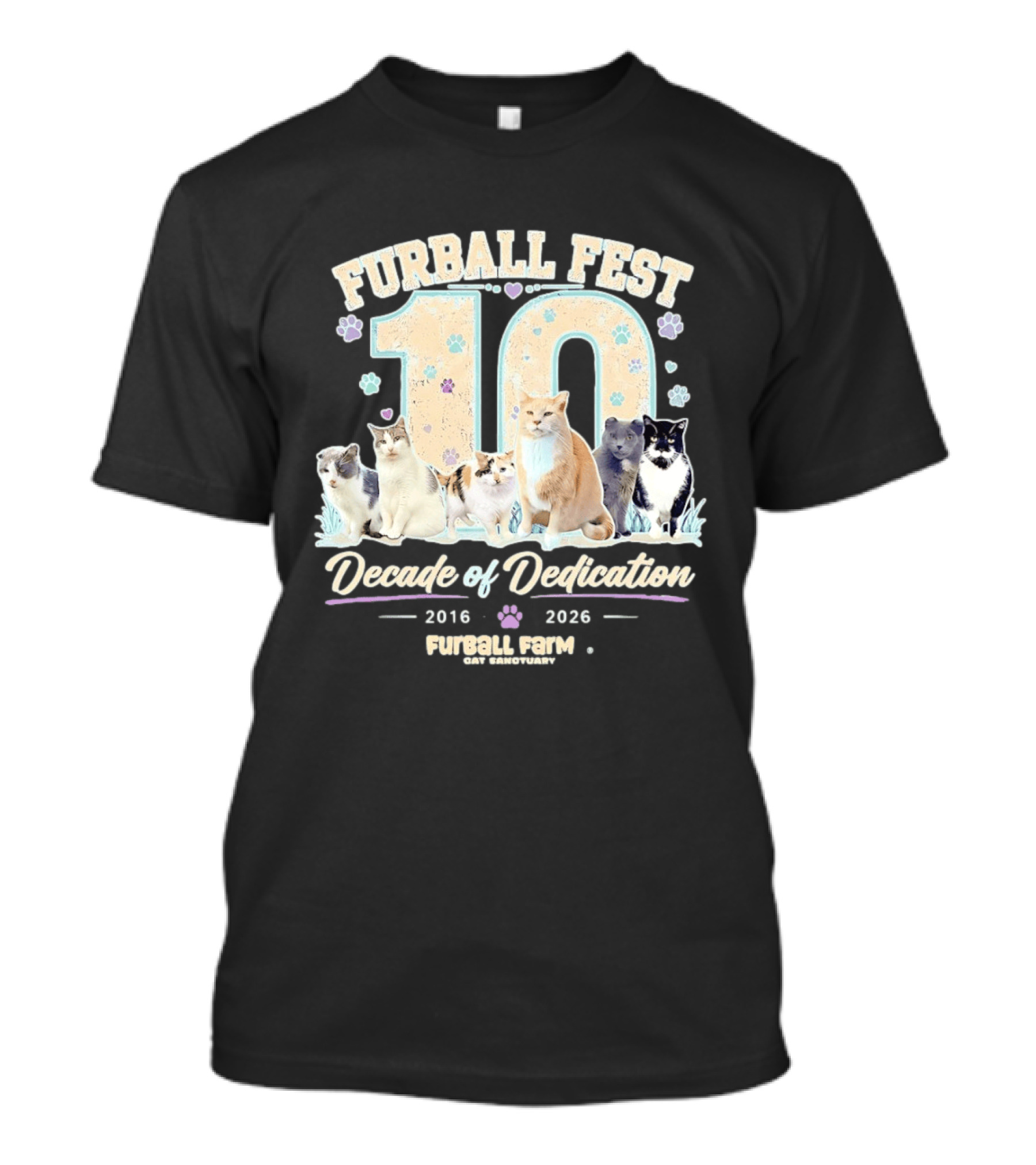 Furball Fest 10 Decade Of Dedication 2016 2026 Furball Farm Cat Sanctuary T-Shirt