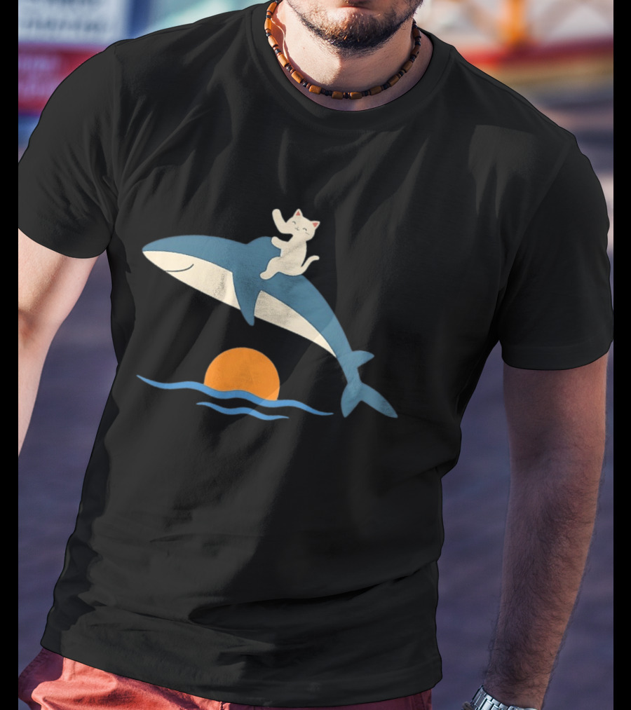Cat On Orca Whale At Sunset Ocean Waves Scene T-Shirt