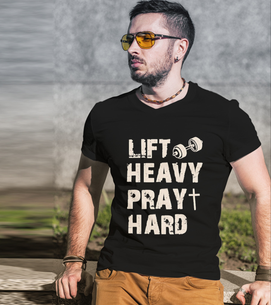 Christian Lift Heavy Pray Hard Dumbbell Fitness Motivation T-Shirt