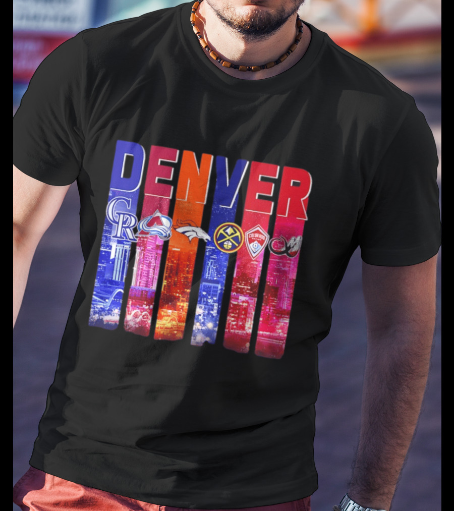 Denver City Skyline With Colorado Rockies Avalanche Broncos Nuggets Rapids Mammoth T-Shirt