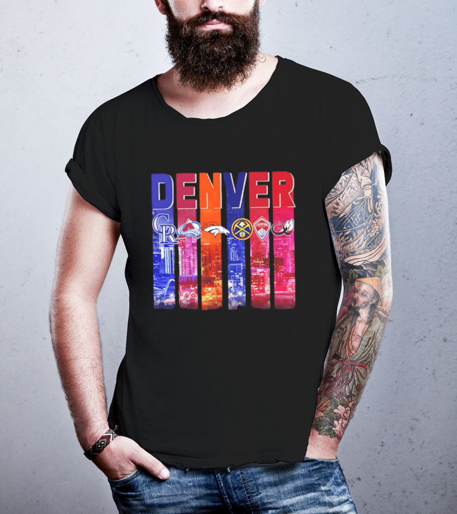Denver City Skyline With Colorado Rockies Avalanche Broncos Nuggets Rapids Mammoth T-Shirt