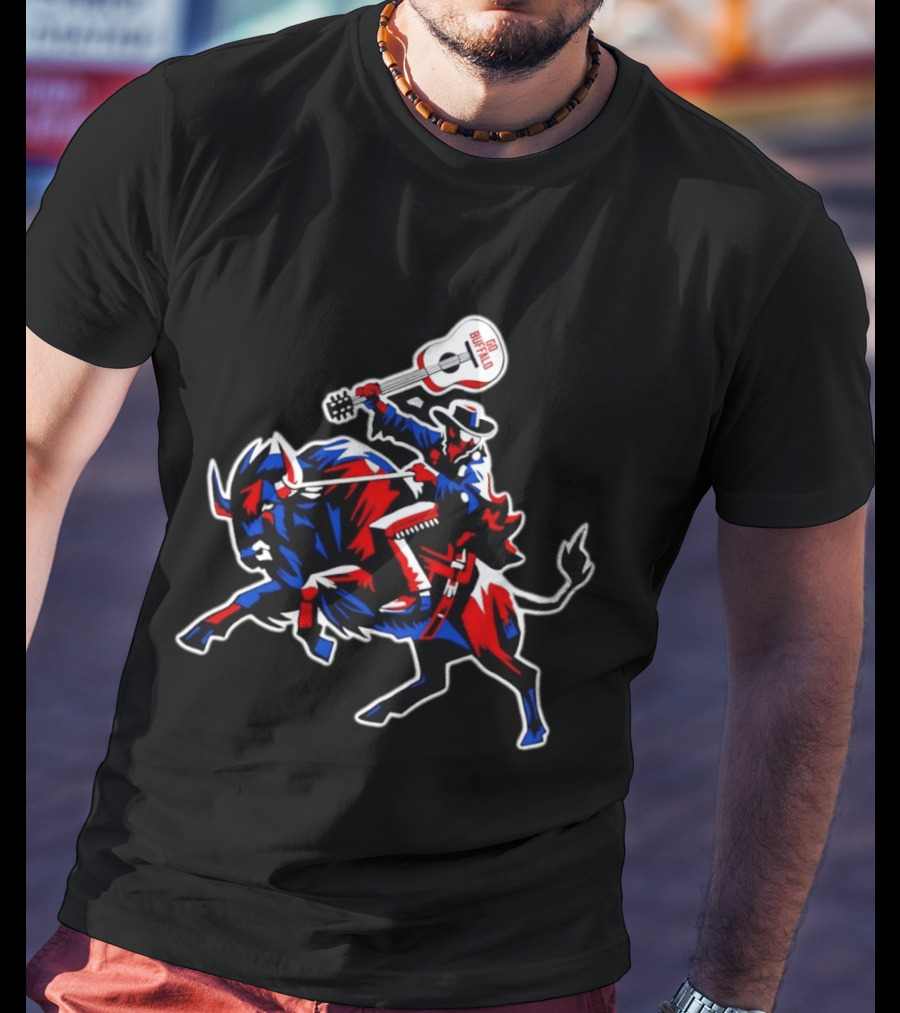 Kenan Center Buffalo Bills Go Buffalo Guitar Cowboy Riding Bull T-Shirt