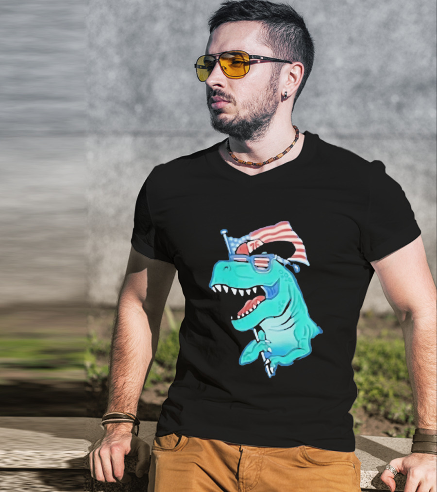 Patriotic Rex American Flag Sunglasses 76 Dinosaur T-Shirt