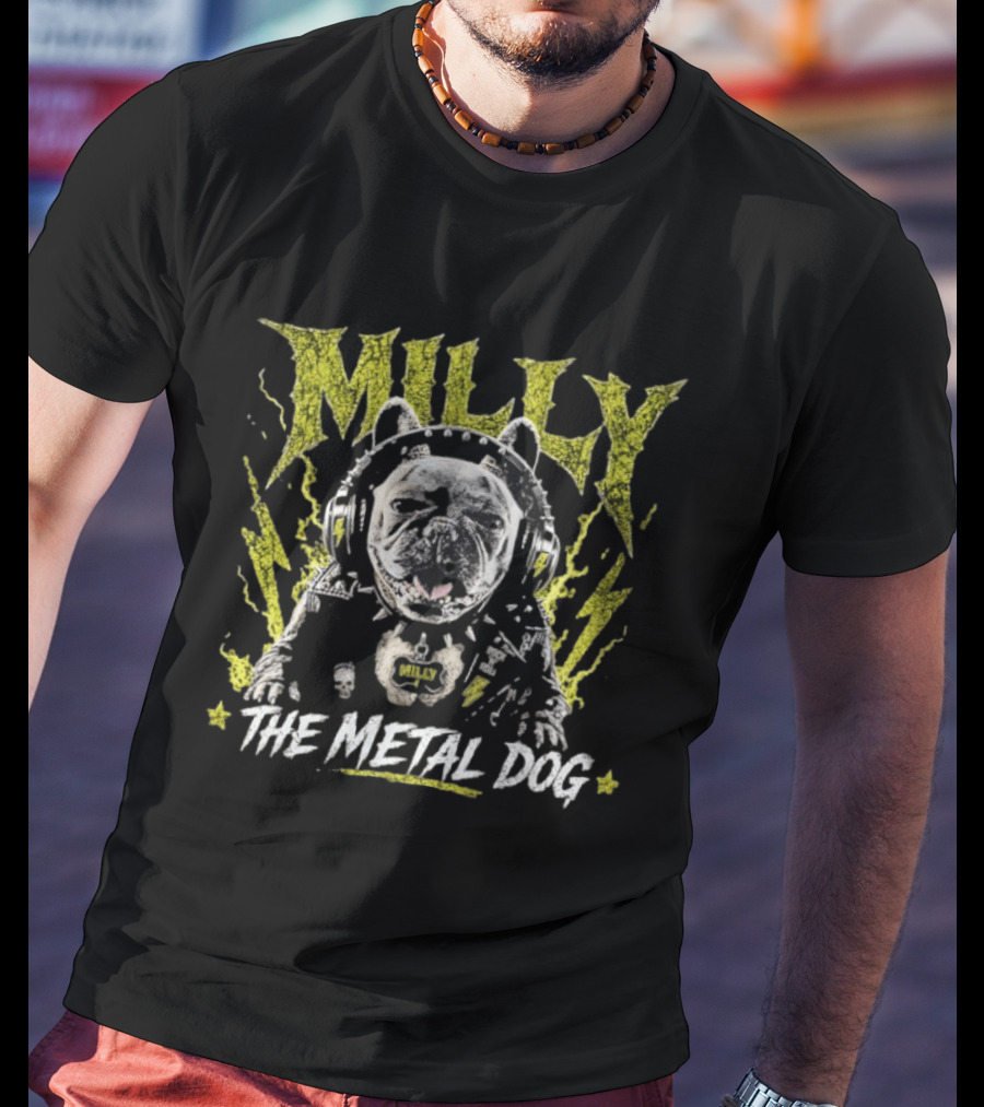 Milly The Metal Dog Headphones Music Yellow Splatter T-Shirt