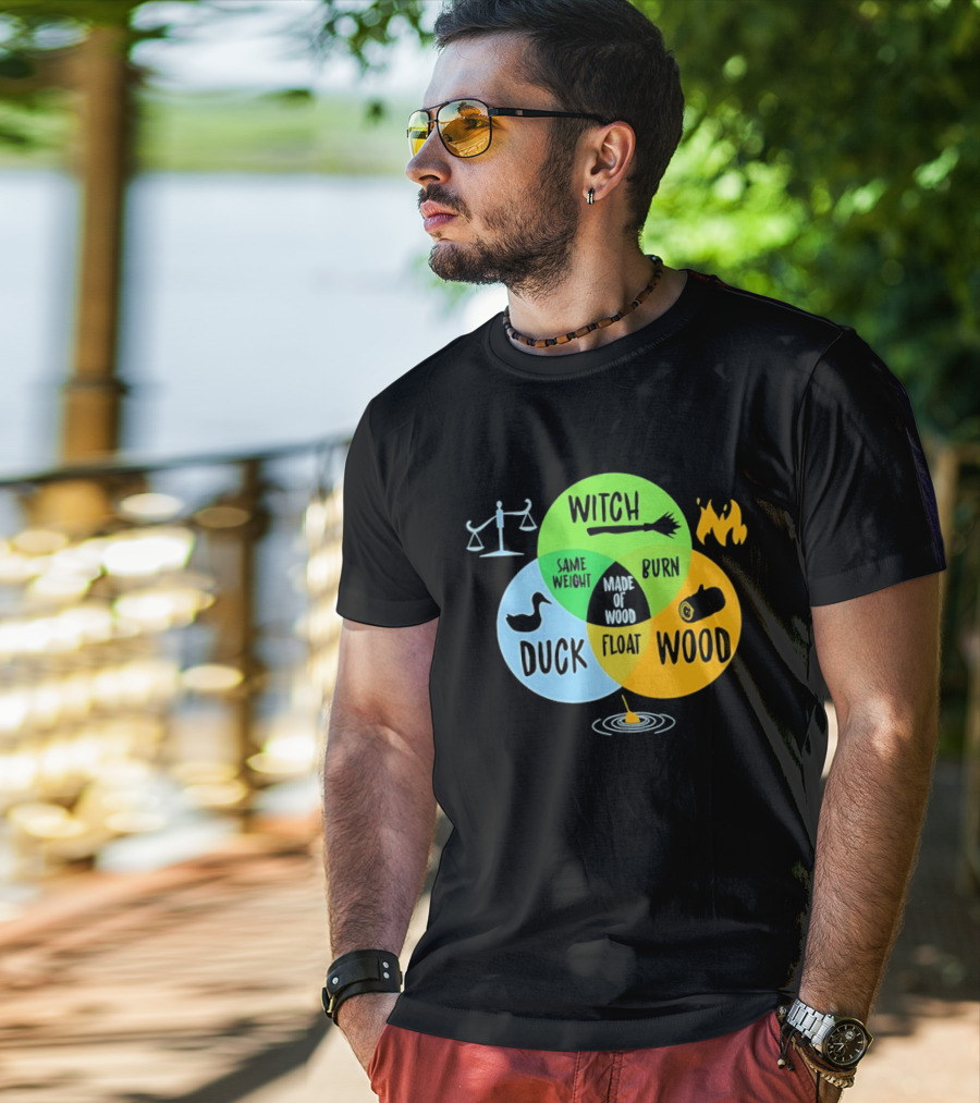 Monty Python Witch Duck Same Weight Made Of Wood Burn Float Venn Diagram T-Shirt