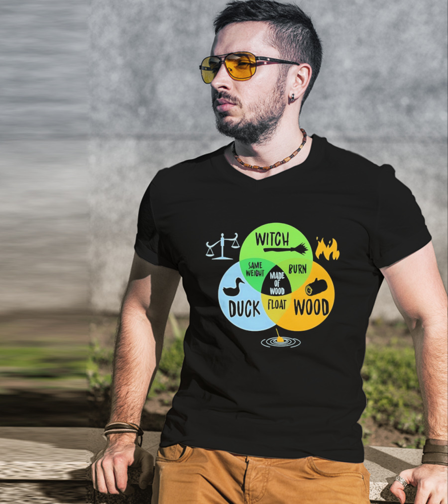 Monty Python Witch Duck Same Weight Made Of Wood Burn Float Venn Diagram T-Shirt