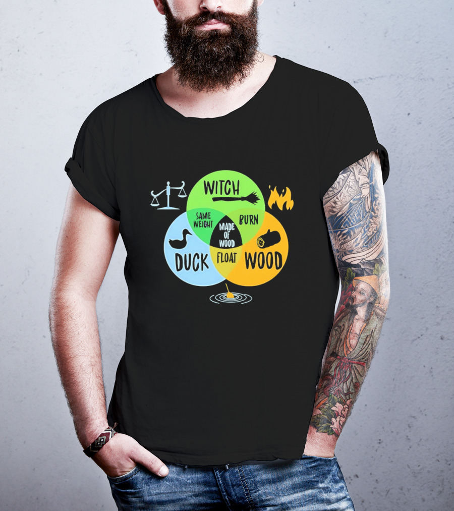 Monty Python Witch Duck Same Weight Made Of Wood Burn Float Venn Diagram T-Shirt