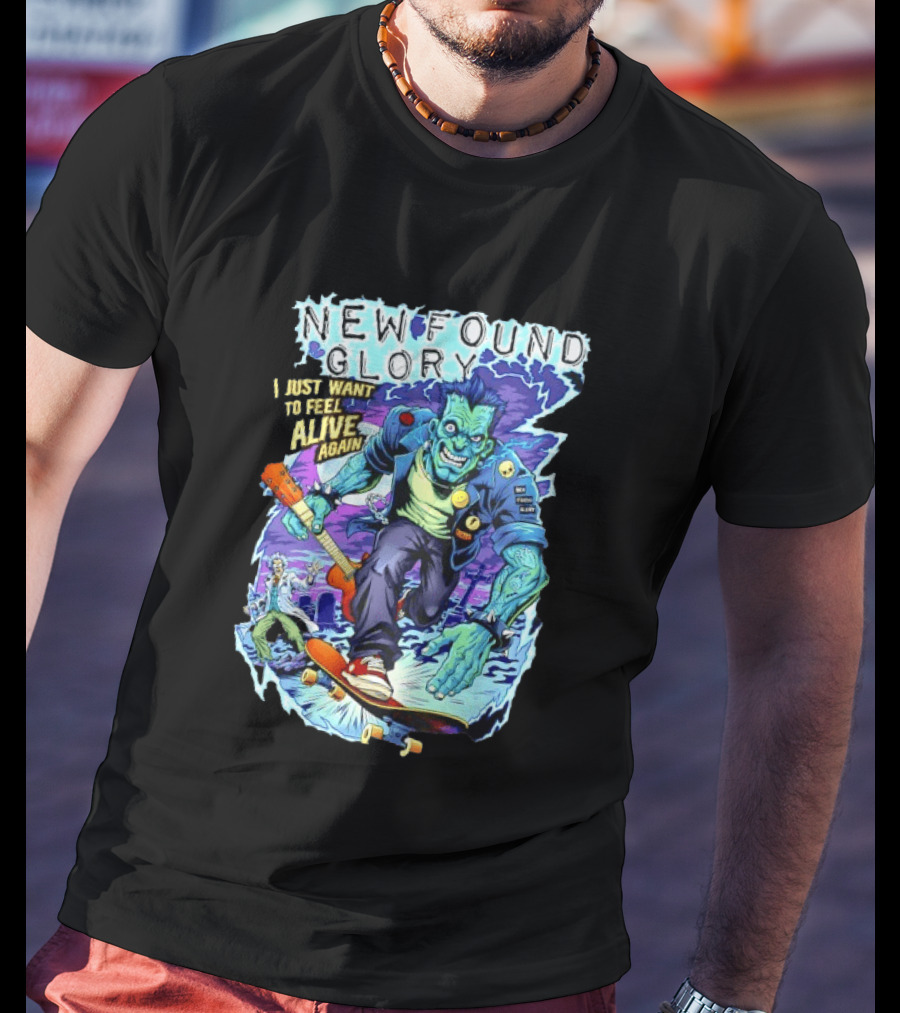 New Found Glory I Just Want To Feel Alive Again Frankenstein Skateboard Zombie Punk T-Shirt