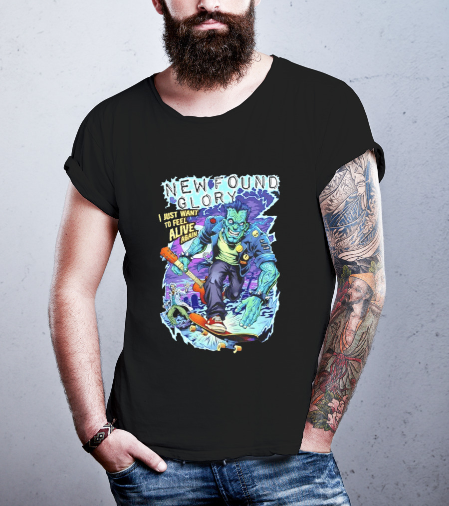 New Found Glory I Just Want To Feel Alive Again Frankenstein Skateboard Zombie Punk T-Shirt
