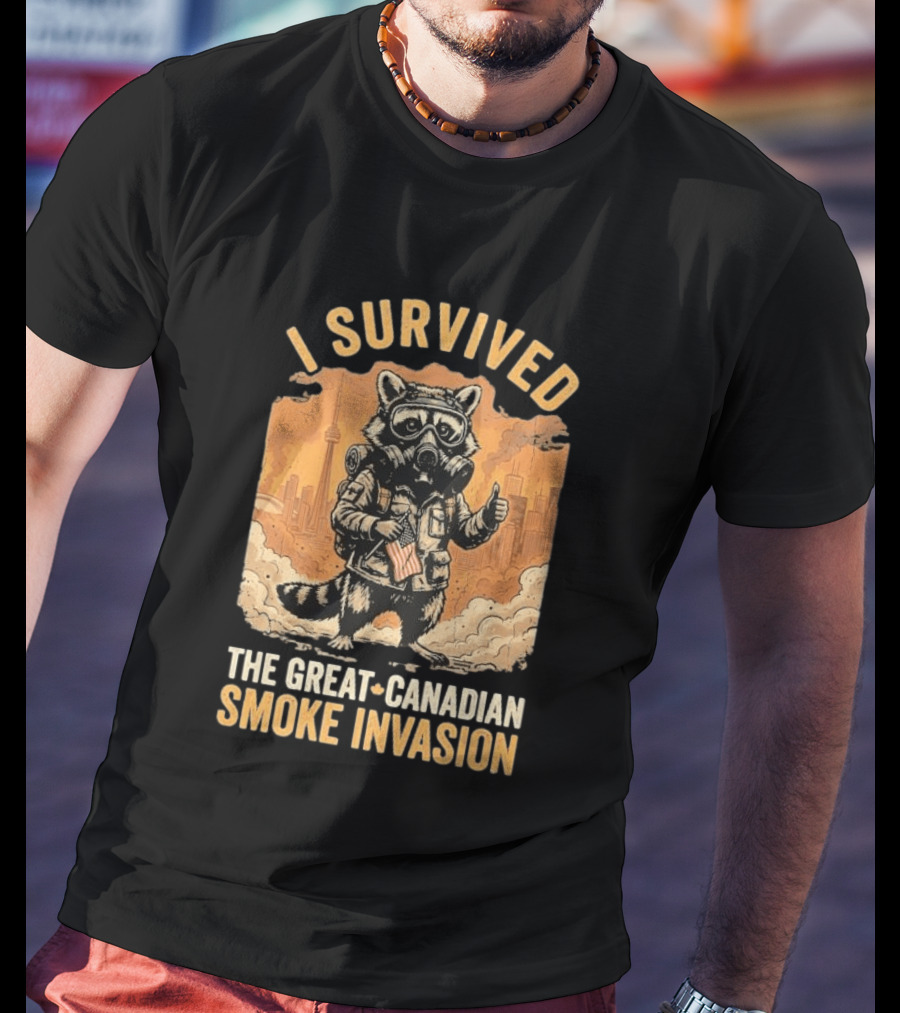 I Survived The Great Canadian Smoke Invasion Raccoon Cityscape Gas Mask T-Shirt
