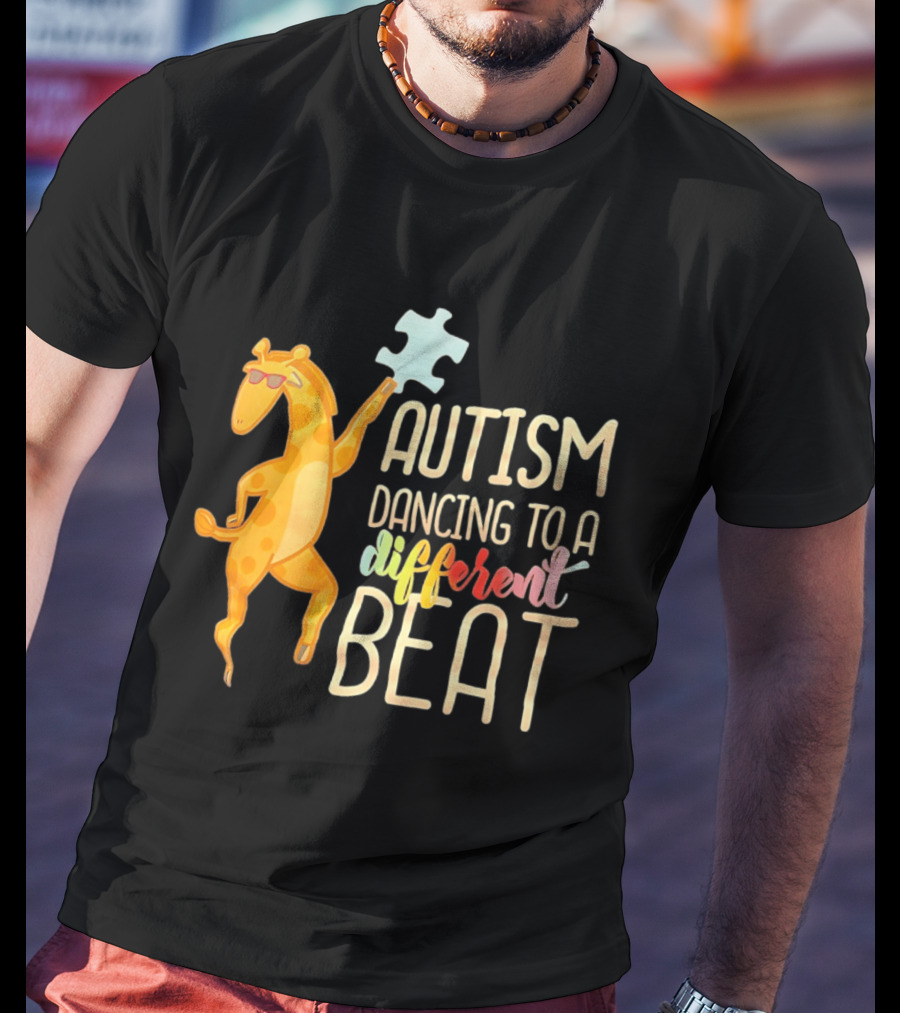Autism Dancing To A Different Beat Giraffe Puzzle Piece And Sunglasses T-Shirt