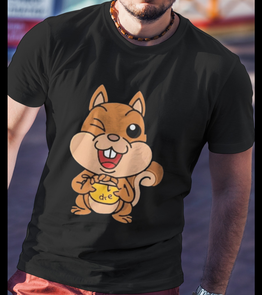 Cartoon Squirrel Holding Yellow Object With "dre" T-Shirt