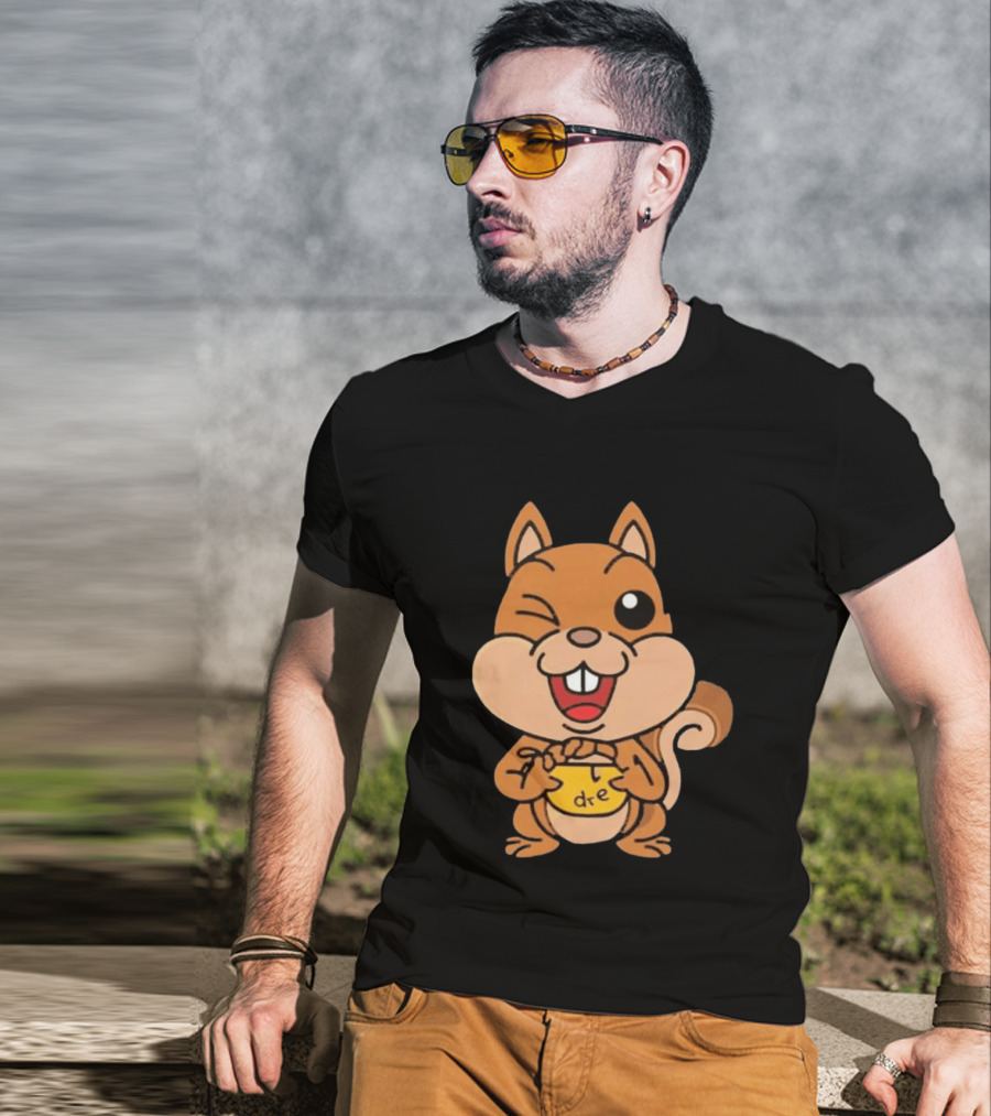 Cartoon Squirrel Holding Yellow Object With "dre" T-Shirt