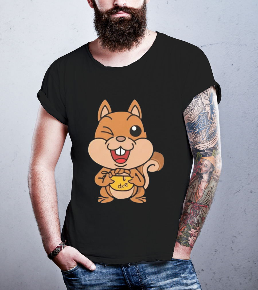 Cartoon Squirrel Holding Yellow Object With "dre" T-Shirt