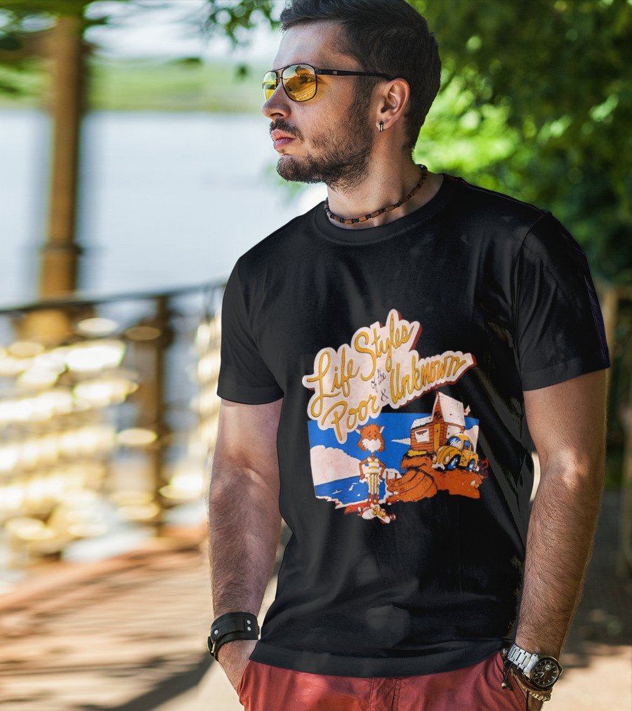 Life Styles Of The Poor And Unknown Cartoon Cat Beach Scene With House And Car T-Shirt