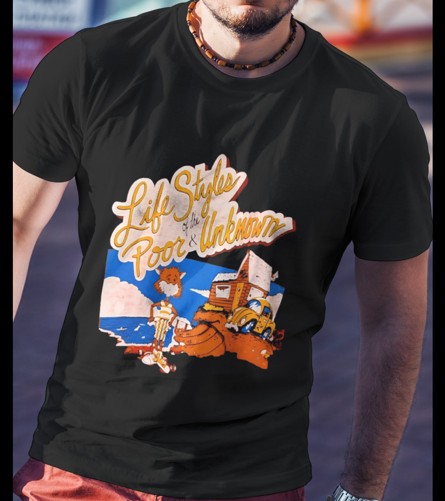Life Styles Of The Poor And Unknown Cartoon Cat Beach Scene With House And Car T-Shirt