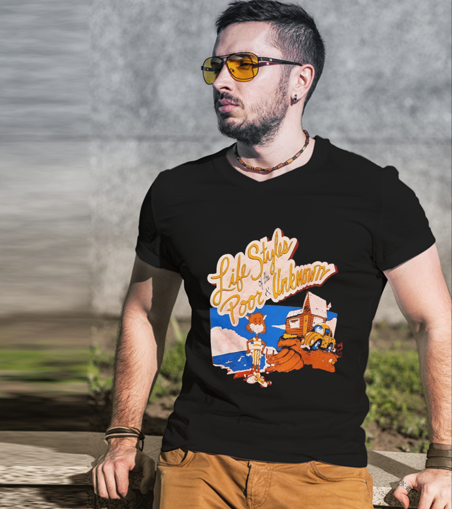 Life Styles Of The Poor And Unknown Cartoon Cat Beach Scene With House And Car T-Shirt