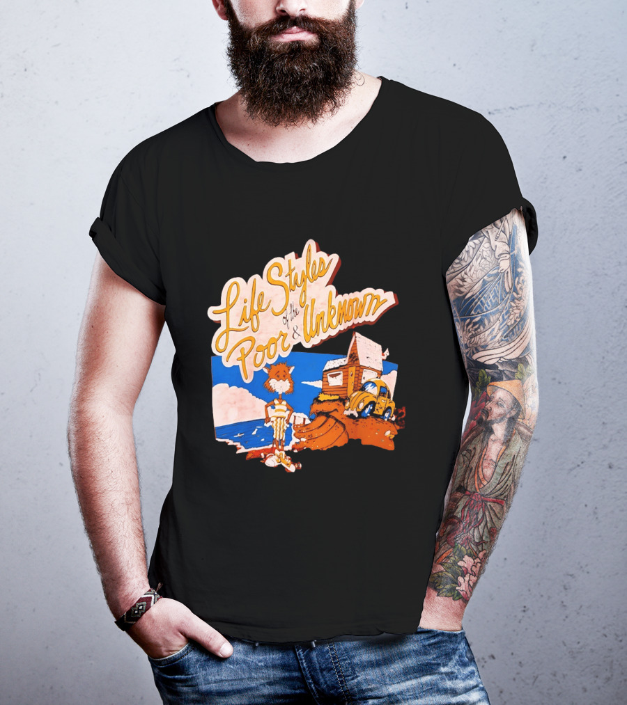 Life Styles Of The Poor And Unknown Cartoon Cat Beach Scene With House And Car T-Shirt