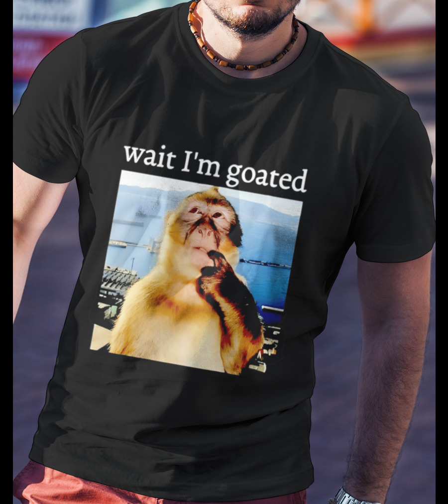 Wait I'm Goated Monkey Meme Coastal View Playful Expression T-Shirt