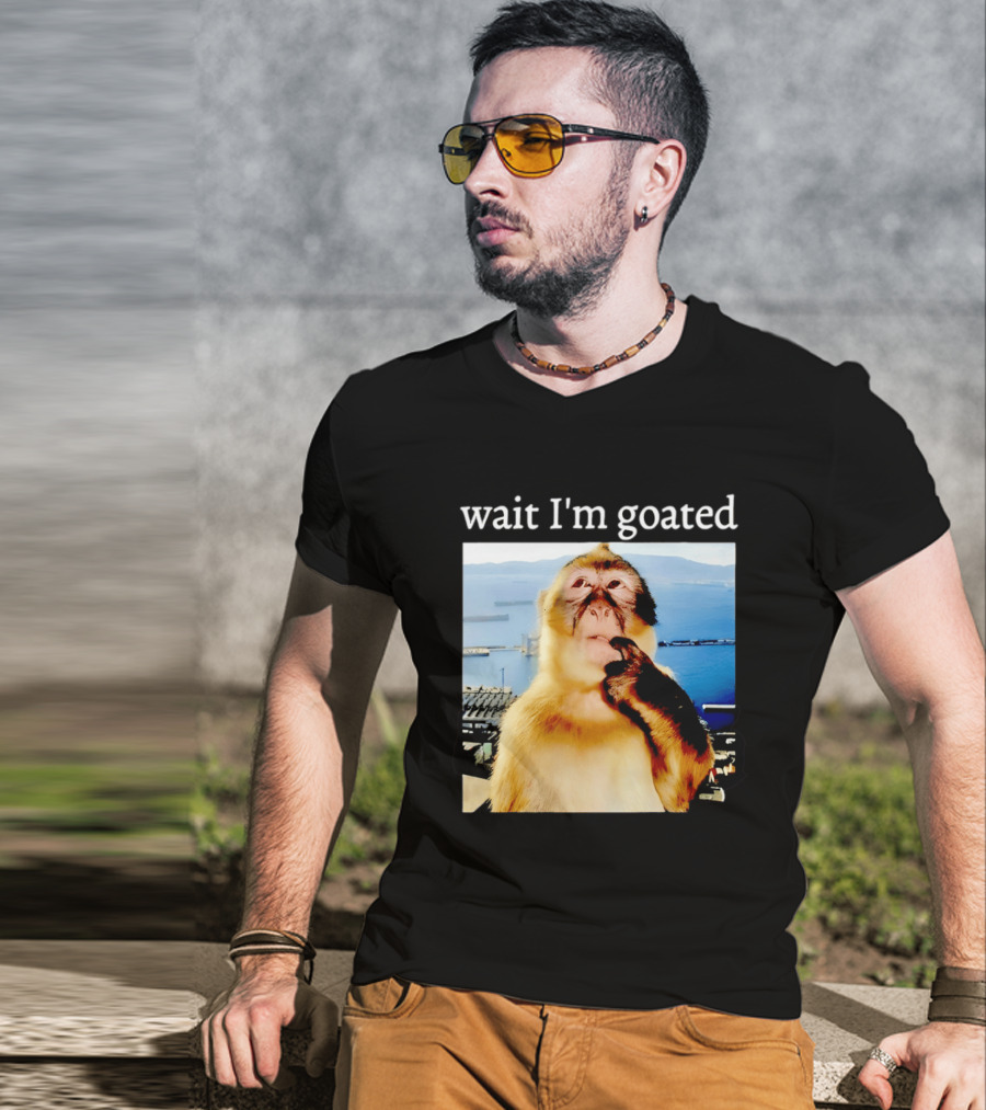 Wait I'm Goated Monkey Meme Coastal View Playful Expression T-Shirt