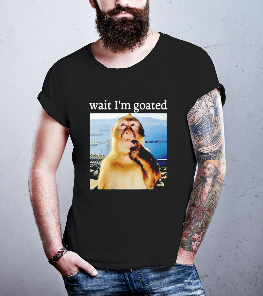 Wait I'm Goated Monkey Meme Coastal View Playful Expression T-Shirt