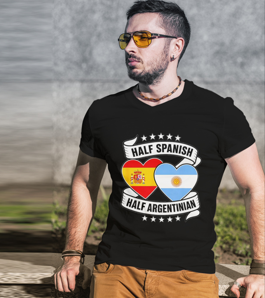 Half Spanish Half Argentinian Heart Flags Banner Star T-Shirt