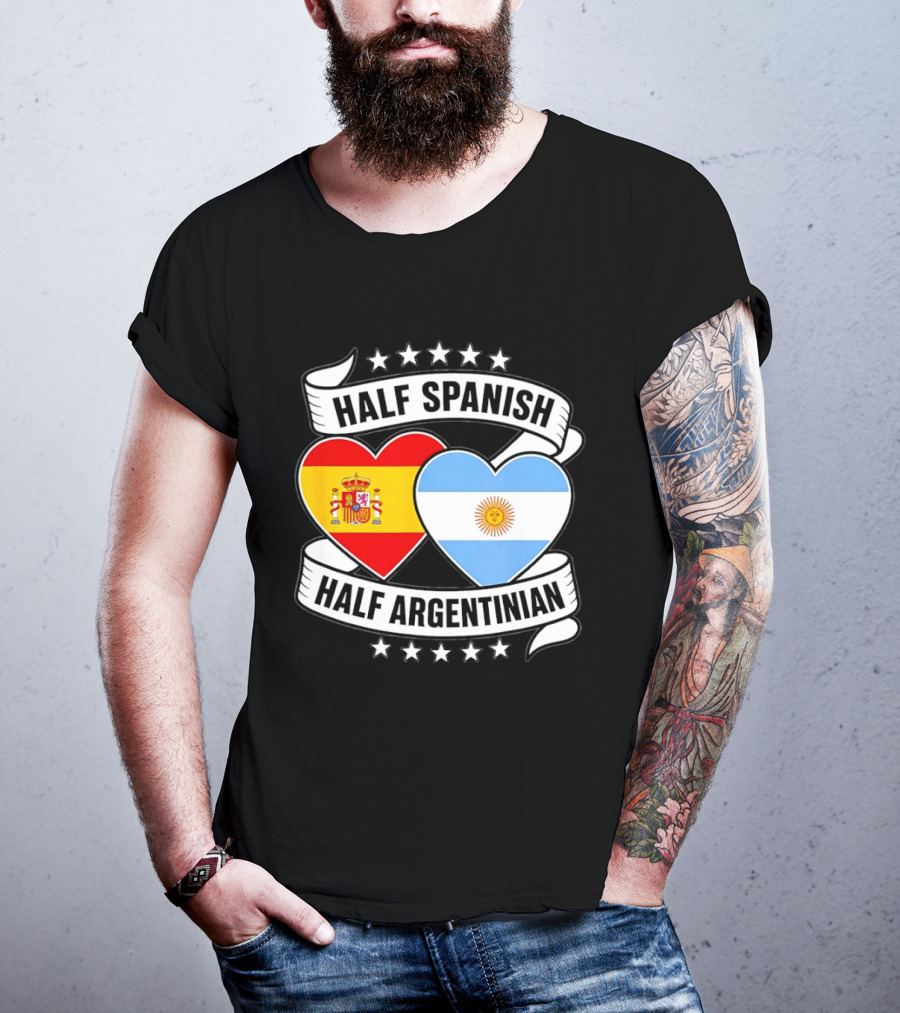 Half Spanish Half Argentinian Heart Flags Banner Star T-Shirt