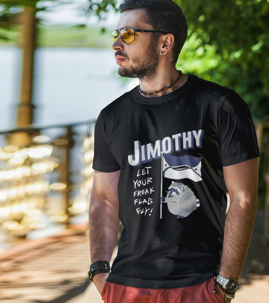 Jimothy Let Your Freak Flag Fly Raccoon Holding Flag T-Shirt