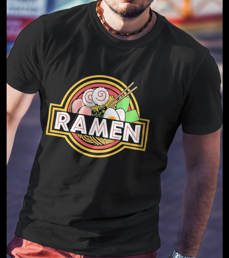 Ramen Jurassic Park Japanese Food Logo Parody With Noodles And Chopsticks T-Shirt