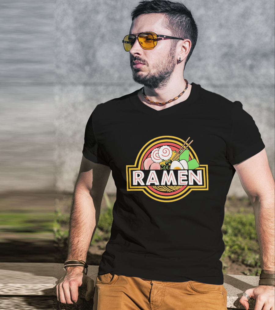 Ramen Jurassic Park Japanese Food Logo Parody With Noodles And Chopsticks T-Shirt