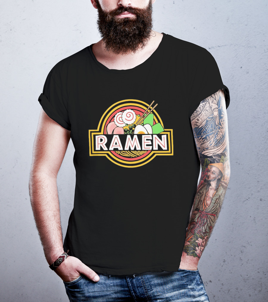 Ramen Jurassic Park Japanese Food Logo Parody With Noodles And Chopsticks T-Shirt