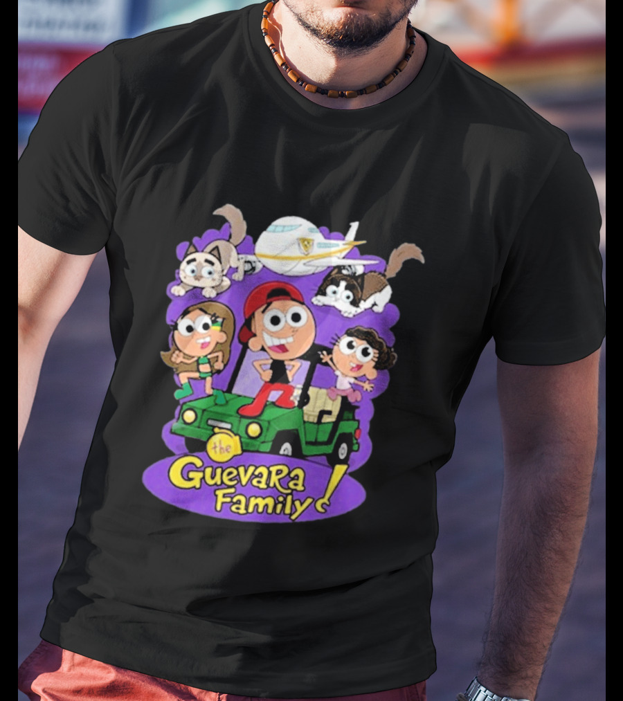 The Guevara Family Cartoon Adventure With Pets And Airplane T-Shirt