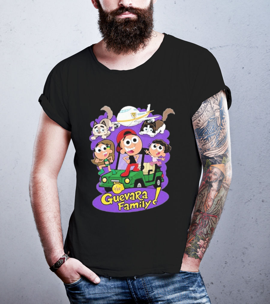 The Guevara Family Cartoon Adventure With Pets And Airplane T-Shirt