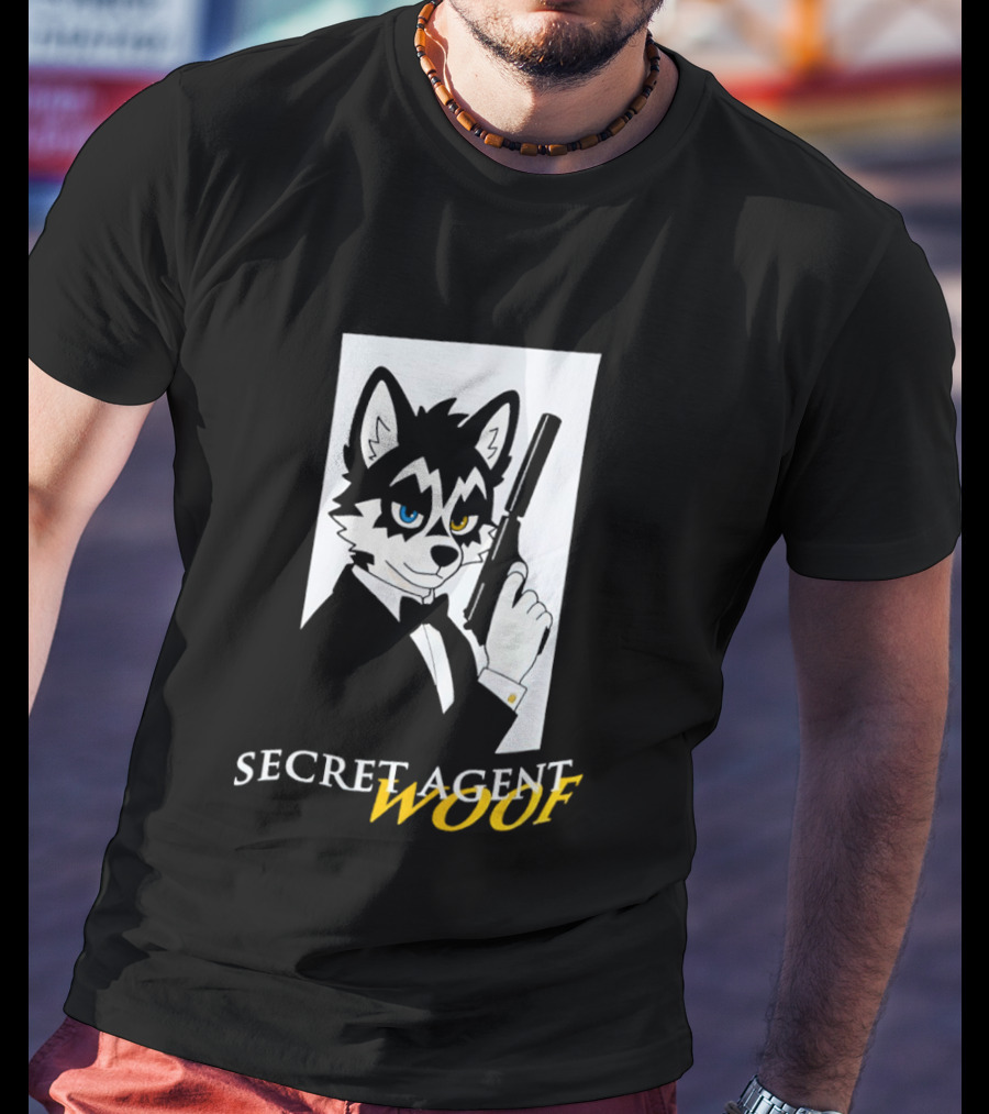 Secret Agent Woof Husky Tuxedo Spy Dog Holding Pistol Image T-Shirt