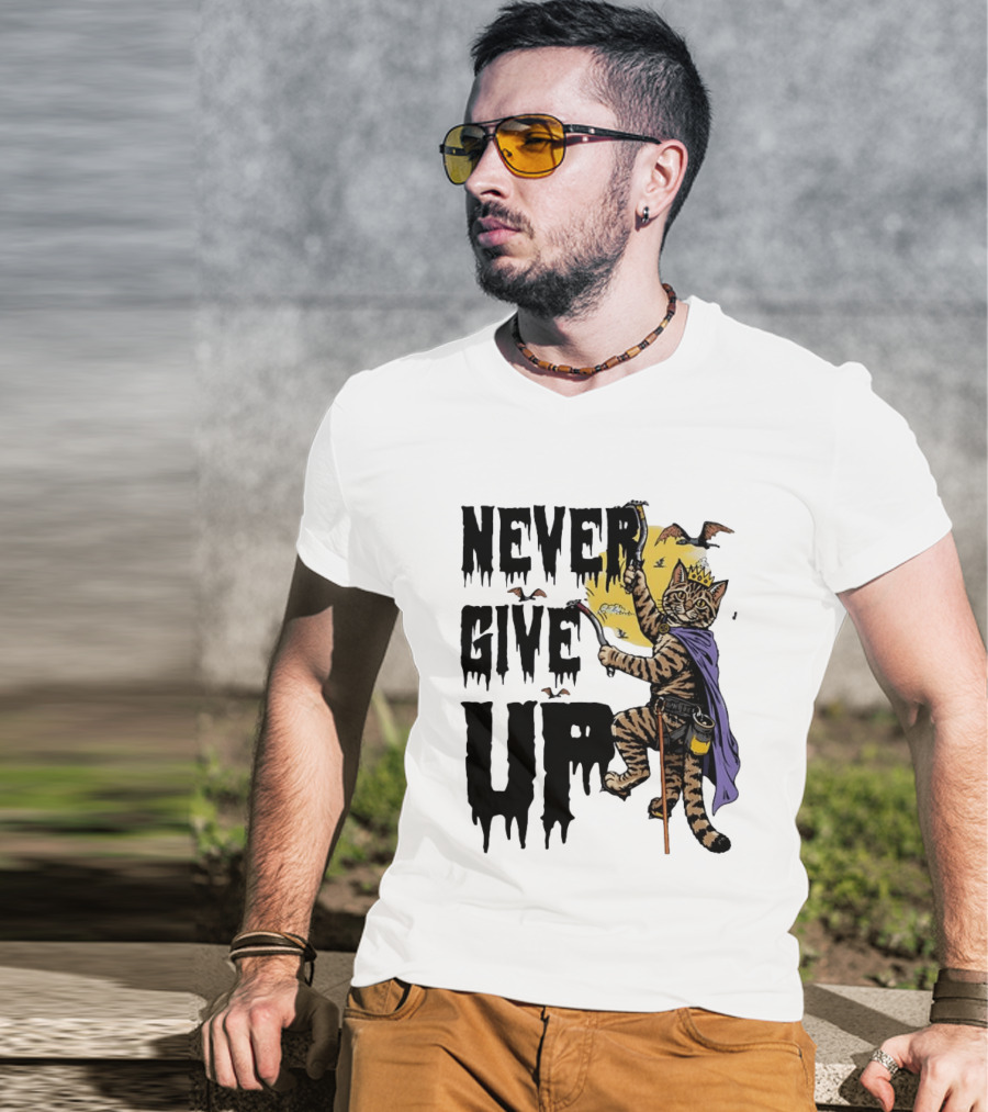 Never Give Up Cat Climbing With Crown And Cape T-Shirt
