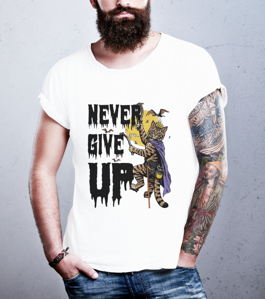 Never Give Up Cat Climbing With Crown And Cape T-Shirt
